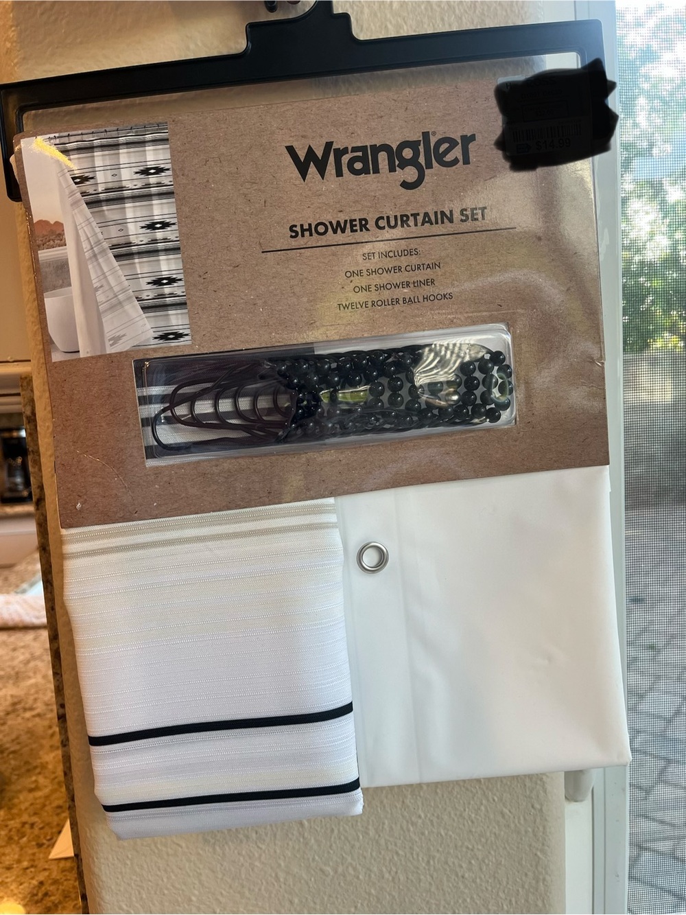 Wrangler White Shower Curtain Set with Black, Tan, Yellow Stripe Accents